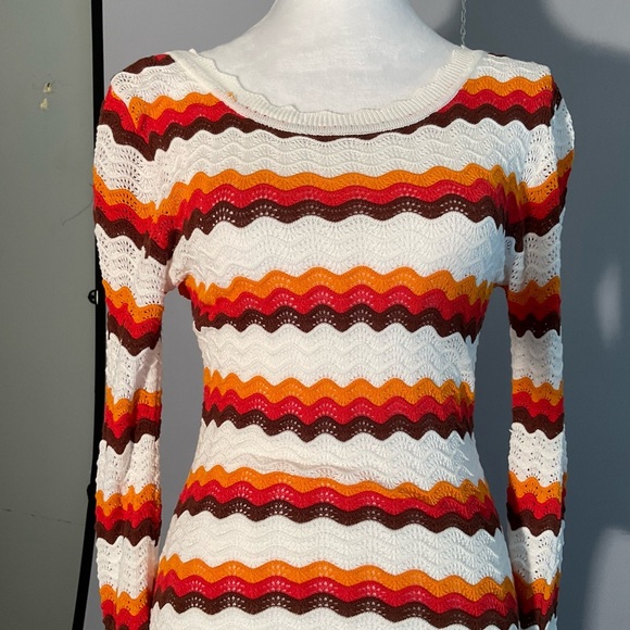 Bodycon Striking Striped Long Sleeve Crocheted Maxi Dress with Deep Scoop Back - Picture 8 of 16